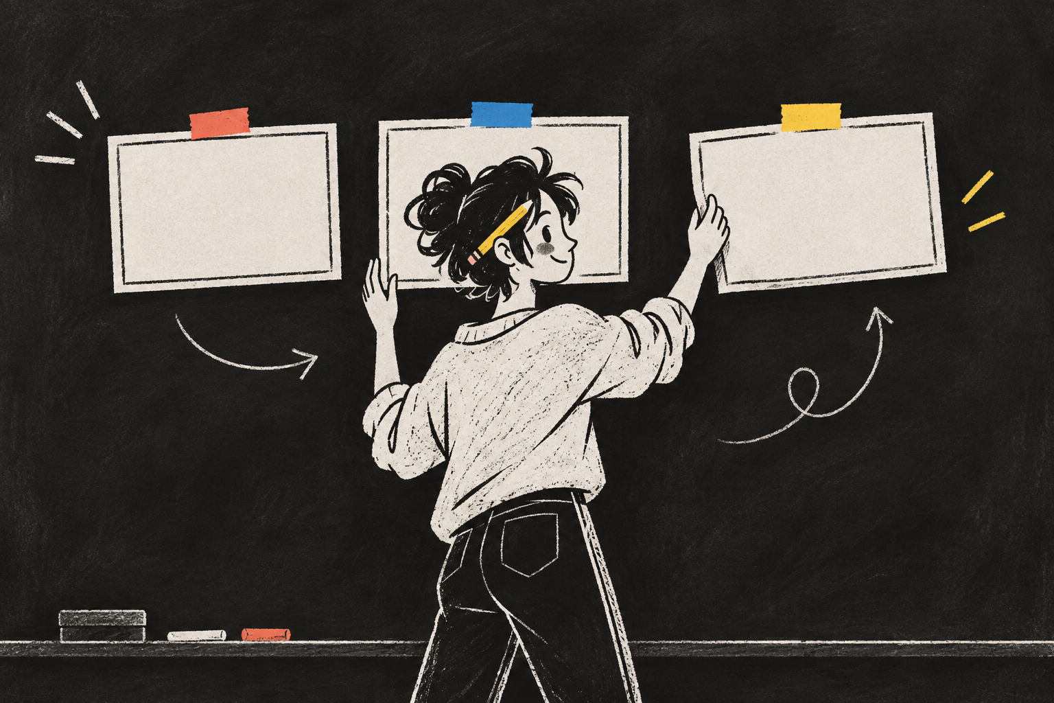 A hand-drawn storymaker arranging three blank storyboard cards on a chalkboard
